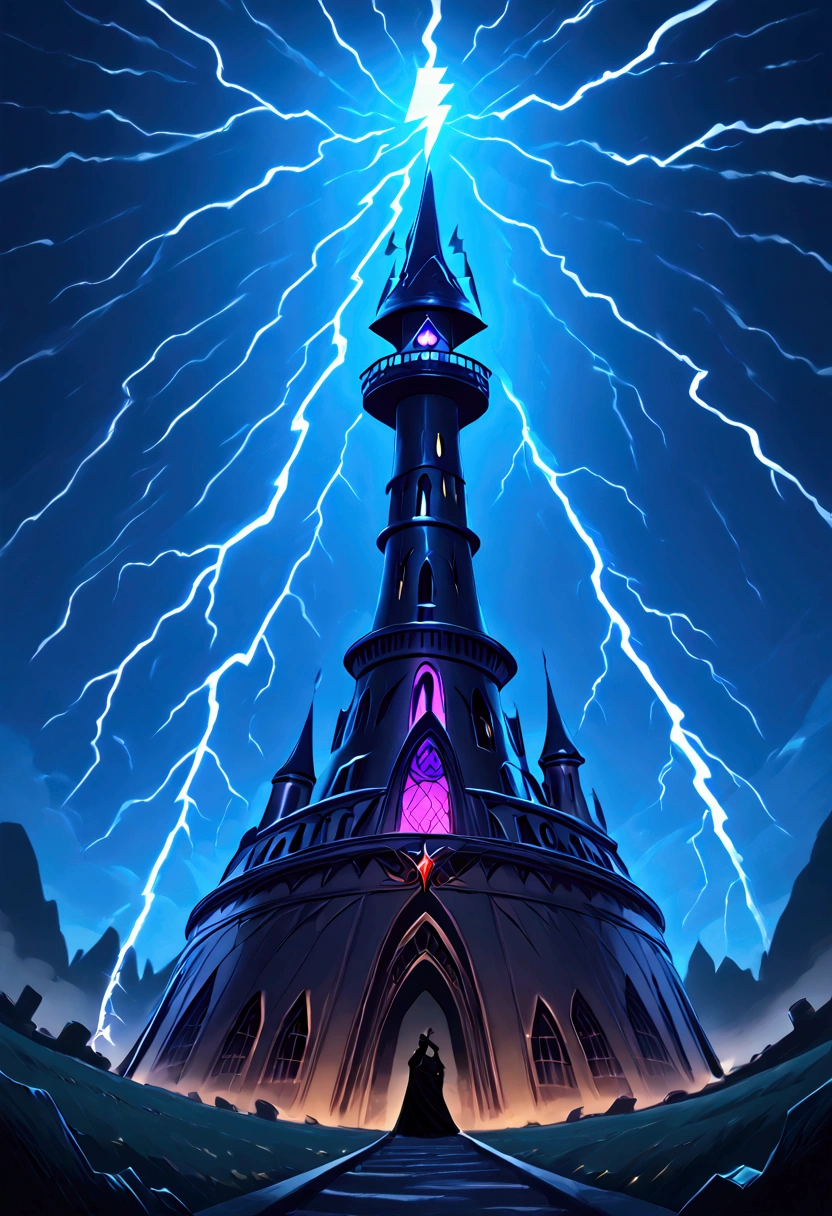 (masterpiece, High Quality) Dark Tower, ((an abstract large dark tower)), menacing, spiral tower, storm clouds, lightning