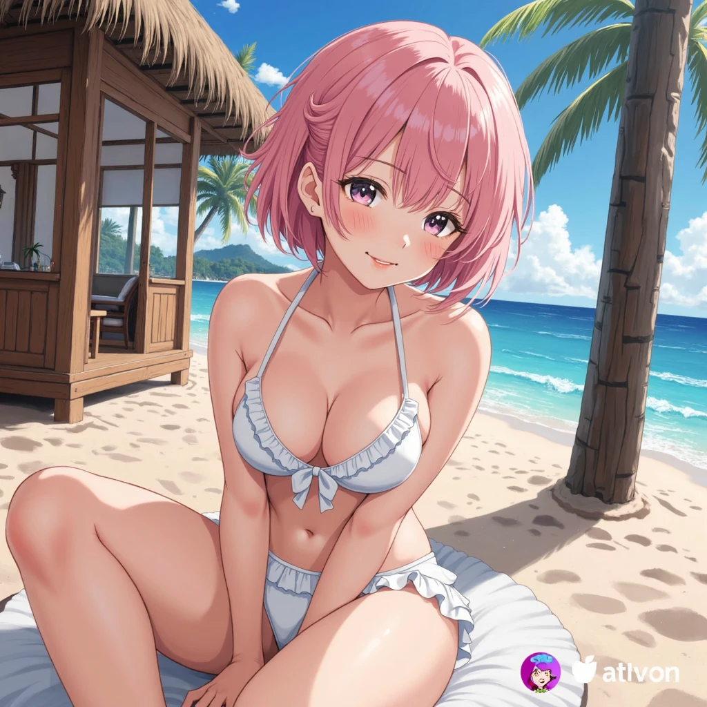 ((Best quality)), ((Masterpiece)), (Details), 1 girl, short light pink hair, completely naked, lying face up, excited face, baby face, big eyes,((short stature)),big breasts, penis in both hands holding, legs apart, 1 man putting his penis in the girl's mouth, 2 men having his penis grabbed by the girl, 1 man putting his penis between the girls' breasts, 1 man inserts his penis into a girl's vagina, and a man inserts his penis into a girl's anus from behind