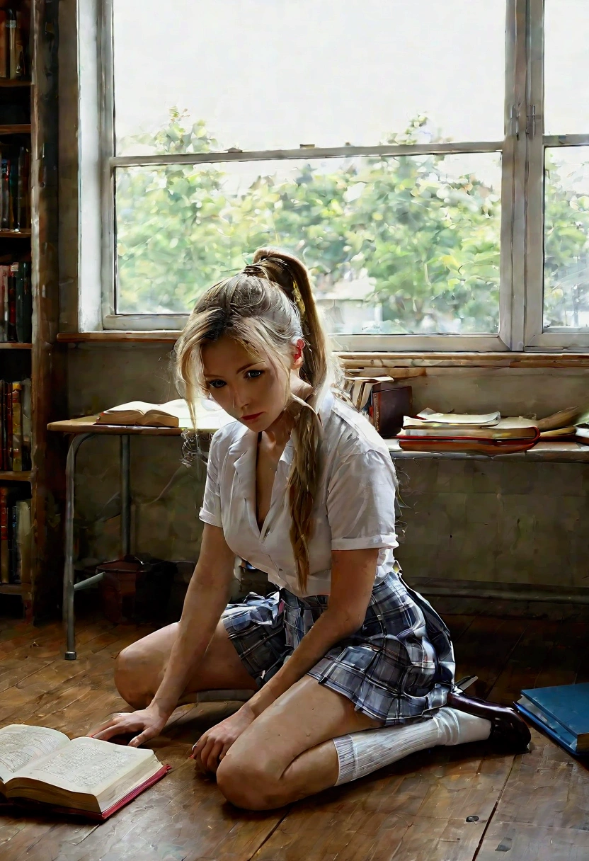 18 year old woman, long hair tied back in a ponytail, blonde poses in a retro style classroom, dressed in a schoolgirl outfit. She is wearing a large plaid pleated skirt with dark blue stripes, a white short sleeved shirt, and knee high socks. She is kneeling on the floor, holding two books in her hands
A blackboard full of drawings and equations sits in the background, along with some scattered books and notebooks. The soft light coming in through a window creates a warm, vintage atmosphere, highlighting the elegance and sensuality of the scene