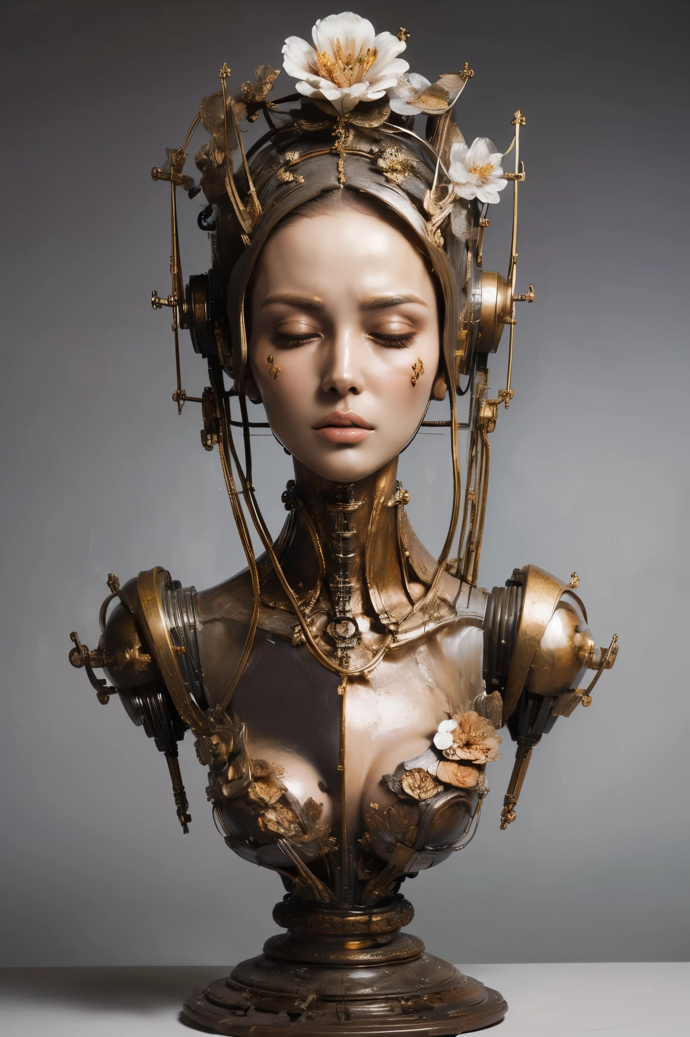 (masterpeace), ((super real photography: 1.5)), ((photo realistic: 1.3)), (real photo), 
A Japanese girl with a lot of flowers, ((A young girl robot: 1.5)),  (bust statue), 
BREAK
headgear, ((real metalic skin)), ((beautiful face: 1.5)), ((Super cute: 1.5)), ((kawaii: 1.5)), ((well-balanced face)), (close eyes: 1.3)), longeyelashes, stunning big eyes, luscious glossy lips, ((blunt bangs)), 
BREAK
(slender body: 1.3), petite bust, flower bloom, (flowers: 1.5),
BREAK
High-Mechanic body, octane rendering, Super Detailed machine, ((connected electric cables)), 
BREAK
(simple background: 1.3), ((bust shot: 1.3)), cinema quality, professional photograph, (photo studio: 1.5), (Bright Light: 1.2), Eye-Level Shot, wide lens, (fujifilm 35mm), (film photo), RAW, Excessive Embellishment, UHD, 
BREAK
anatomically correct, textured skin, best quality, 8k