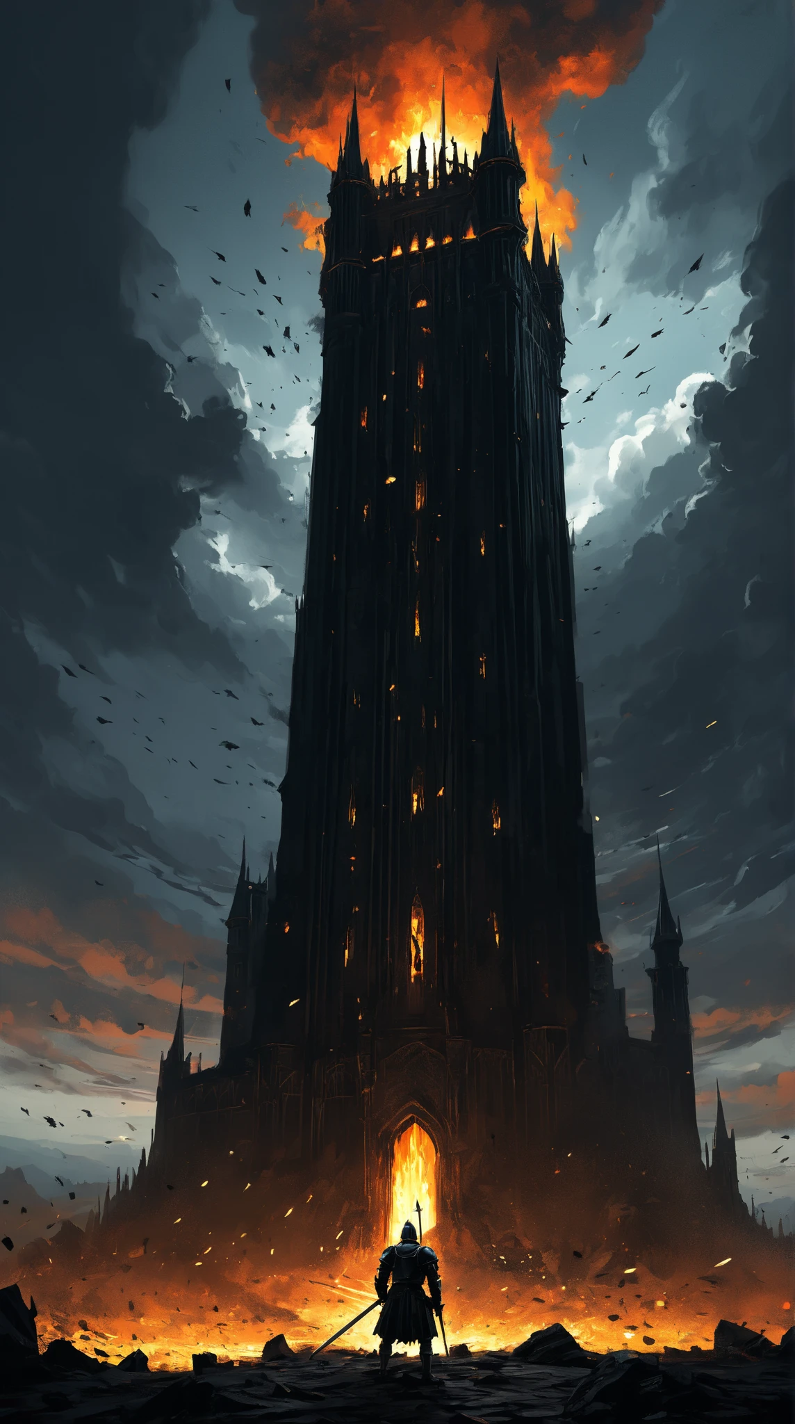 Demonic tower, {style of Benedick Bana|style of Christopher Balaskas|style of Noah Bradley}, burning the ground, senses of dread, (fantasy theme, epic vibe), set in medieval, (masterpiece,  High Quality ,  high definition ,  Golden Ratio ,  movie lighting, 8k),  Tower of Darkness, ((Depict Stephen King's worldview with abstract paintings)),