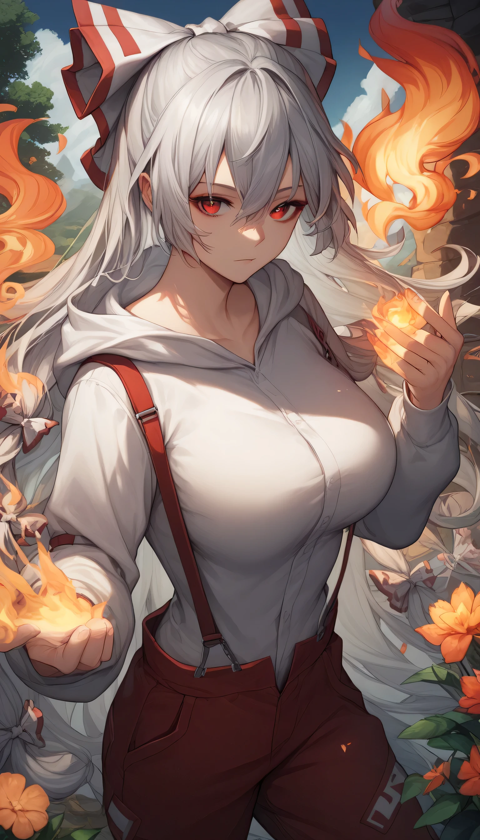 zzMokou, red eyes, hair between eyes, grey hair, hair bow, hair ribbon, long hair, very long hair, white hair, bow, suspenders, white shirt, shirt, long sleeves, pants, white bow, red pants, collared shirt,large breast, 1girls fire, female_focus, hood, , , looking_at_viewer, ,Sometimes a phoenix,hood_down, solo, hoodie, upper_body, glowing, hair_between_eyes,Flames in all bodies, flames in hands,ClearingontopMB, outdoors
Tree
Flower
Location
Scenery
Cloud