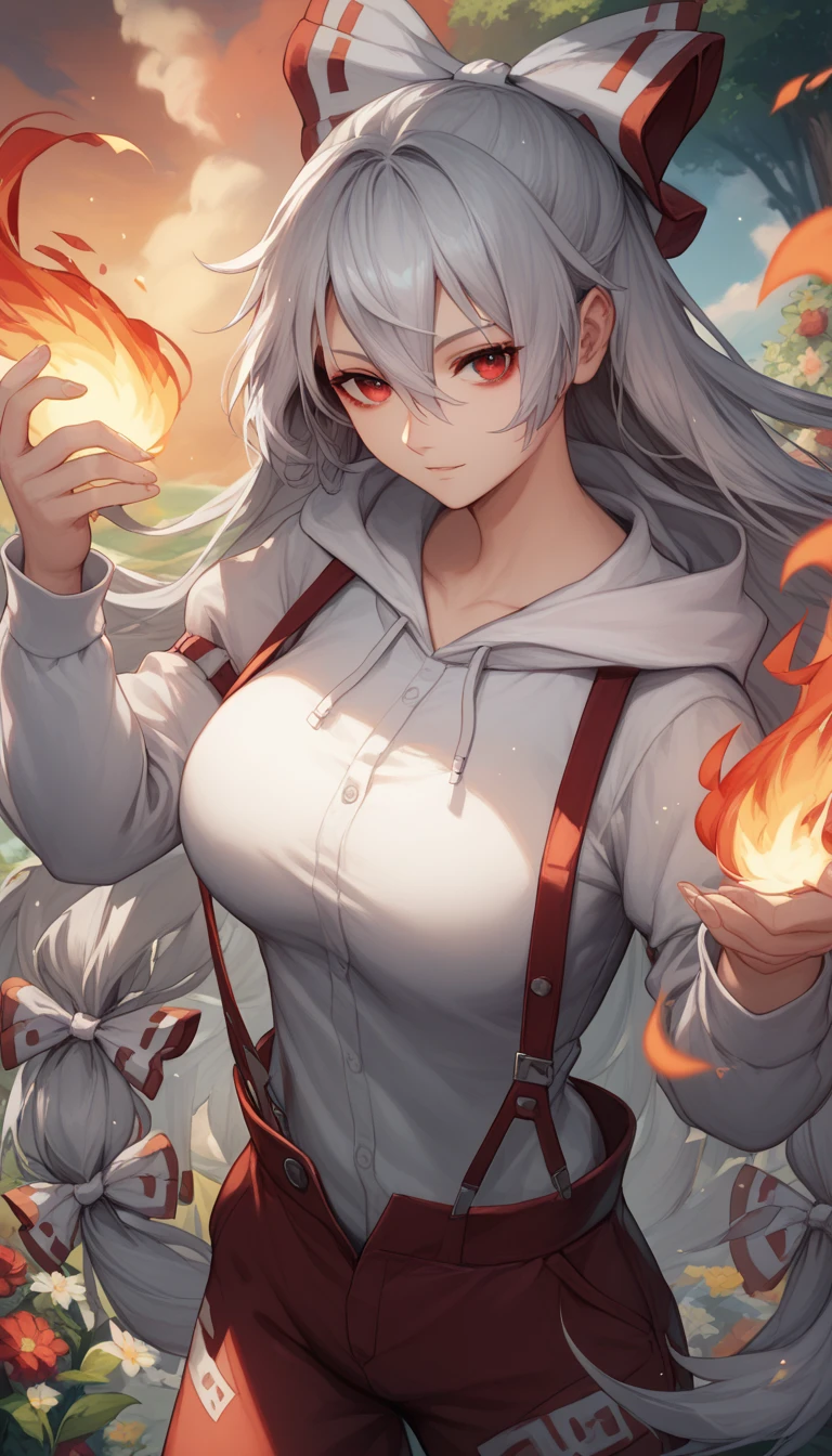 zzMokou, red eyes, hair between eyes, grey hair, hair bow, hair ribbon, long hair, very long hair, white hair, bow, suspenders, white shirt, shirt, long sleeves, pants, white bow, red pants, collared shirt,large breast, 1girls fire, female_focus, hood, , , looking_at_viewer, ,Sometimes a phoenix,hood_down, solo, hoodie, upper_body, glowing, hair_between_eyes,Flames in all bodies, flames in hands,ClearingontopMB, outdoors
Tree
Flower
Location
Scenery
Cloud