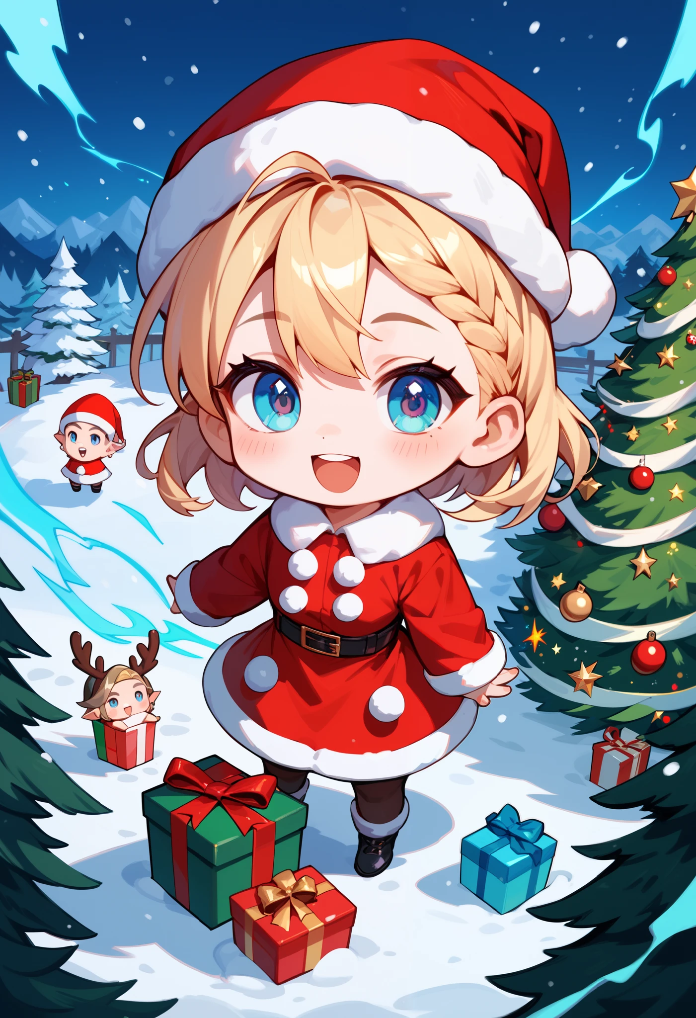 Reno Cute WhatsApp emoticons, Energy, High quality,  Masterpiece, Chibi,  Christmas theme , Santa Claus, elves, gifts, snow,  Christmas tree 