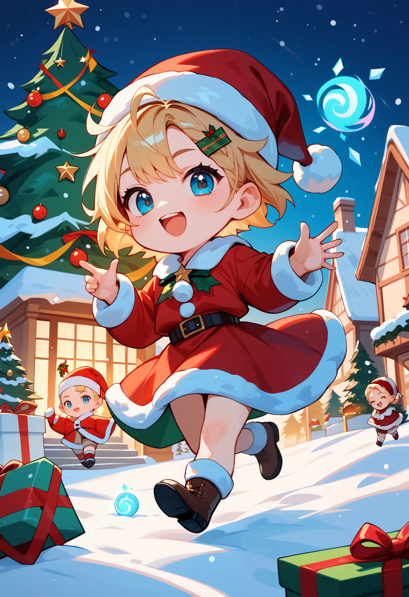 Reno Cute WhatsApp emoticons, Energy, High quality,  Masterpiece, Chibi,  Christmas theme , Santa Claus, elves, gifts, snow,  Christmas tree 