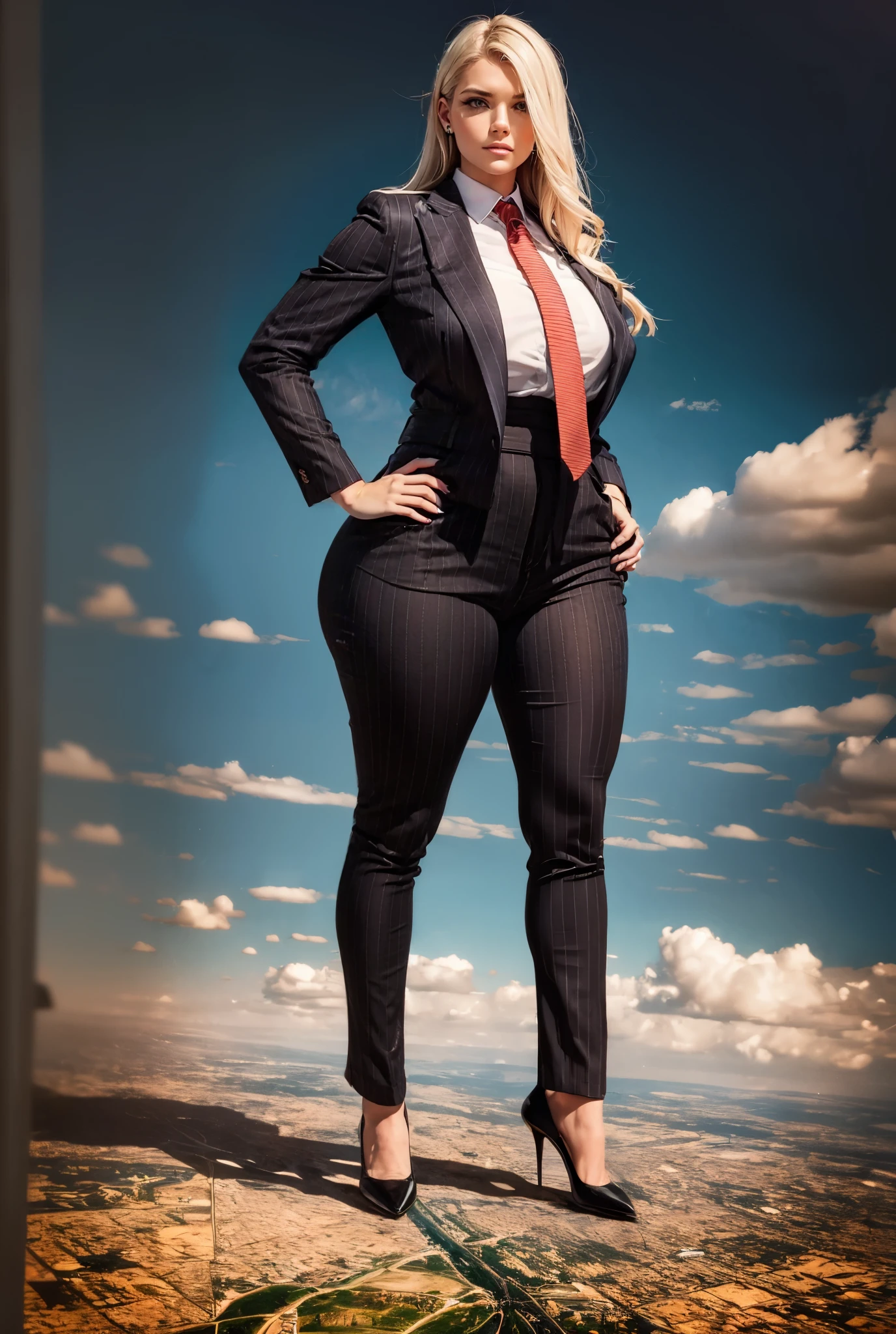 Giantess art, 100 miles tall giga giantess, sophisticated and stylish woman in a light grey italian pinstriped trouser suit, form fitting crisp white office shirt, and a large wide yellow necktie in a windsor knot, with a beautiful, curvaceous figure, large natural breasts, and long wavey blonde hair, with a curvaceous figure and massive breasts. wearing blue rounded court high heels with uncovered feet and standing, rampage-like pose, with a cityscape background of mega-city, urban sprawl, and small towns, partially obscured by a hazy, cloudy atmosphere. The image is a high-resolution, masterpiece-quality, cinematic, ultra-detailed, and hyper-photorealistic photograph, with perfect hands, face, and lighting. ultra-detailed, 8K, photo-realistic, hyper-realistic, masterpiece, intricate details, full body view. Looking at camera, The image is a high-resolution, masterpiece-quality, cinematic, ultra-detailed, and hyper-photorealistic photograph, with perfect hands, face, and lighting. ultra-detailed, 8K, photo-realistic, hyper-realistic, masterpiece, intricate details, full body view