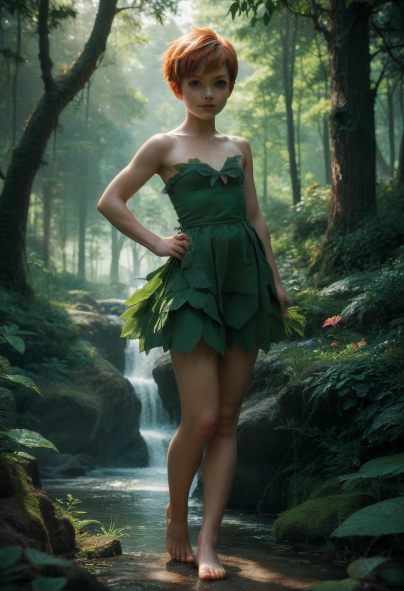 Young girl Peter Pan short hair, full body shot, dark magical forest