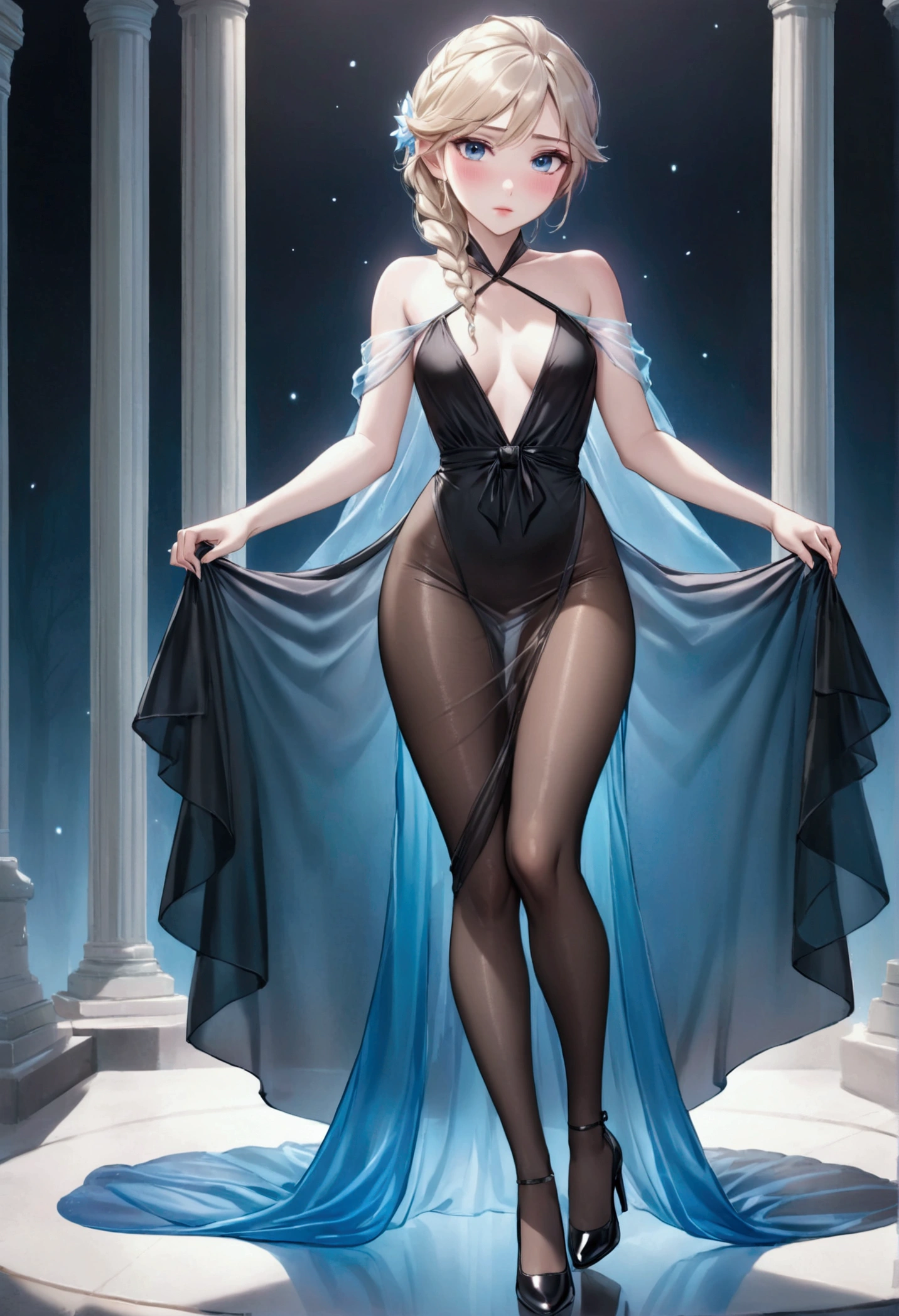 realistic Elsa from frosen, Elsa, full body image from multiple position, long sexy transparent black dress, show her naked pussy, her arms tied behind her:1.5, she got a shy sad expression:1.5, she bites her lips, high heels black shoes, semi-transparent long dress:1.5, she look at the viewer, dark shiny pantyhose
