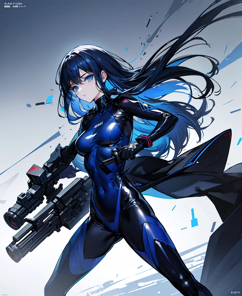 no background,girl,carry a firearm,Enamel style tight suit,use of firearms,dark blue long hair,attention arousal,blue colored eyes,no gradation