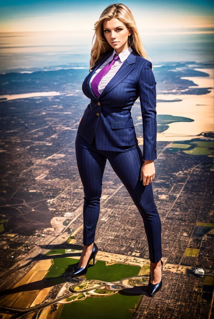 Giantess art, 100 miles tall giga giantess, sophisticated and stylish woman in a light grey italian pinstriped trouser suit, form fitting crisp white office shirt, and a large wide yellow necktie in a windsor knot, with a beautiful, curvaceous figure, large natural breasts, and long wavey blonde hair, with a curvaceous figure and massive breasts. wearing blue rounded court high heels with uncovered feet and standing, rampage-like pose, with a cityscape background of mega-city, urban sprawl, and small towns, partially obscured by a hazy, cloudy atmosphere. The image is a high-resolution, masterpiece-quality, cinematic, ultra-detailed, and hyper-photorealistic photograph, with perfect hands, face, and lighting. ultra-detailed, 8K, photo-realistic, hyper-realistic, masterpiece, intricate details, full body view. Looking at camera, The image is a high-resolution, masterpiece-quality, cinematic, ultra-detailed, and hyper-photorealistic photograph, with perfect hands, face, and lighting. ultra-detailed, 8K, photo-realistic, hyper-realistic, masterpiece, intricate details, full body view