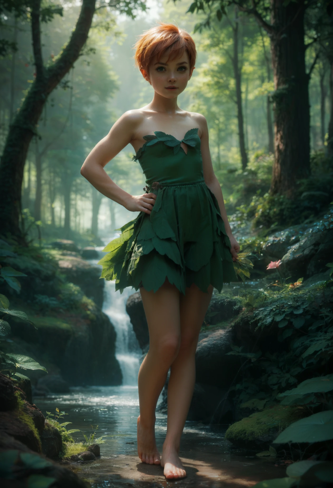 Young girl Peter Pan short hair, full body shot, dark magical forest