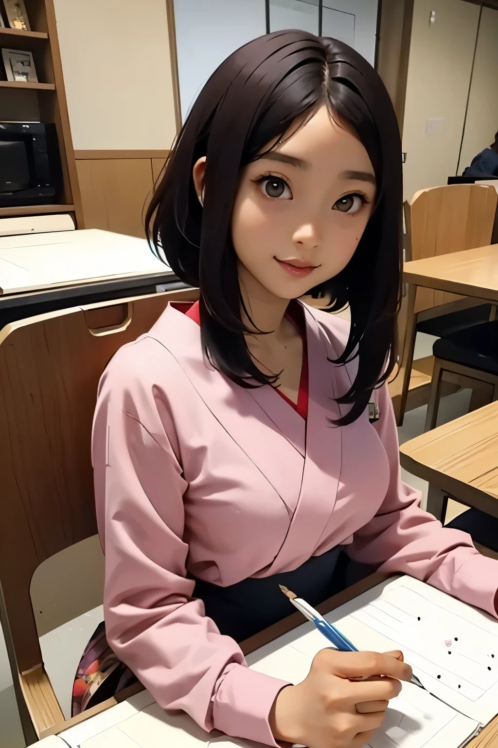  Beautiful Japanese girl  . 150 centimeters tall  . bob hairstyle . 28 years old .  Size 2 breasts . She sits and draws manga at the table 
