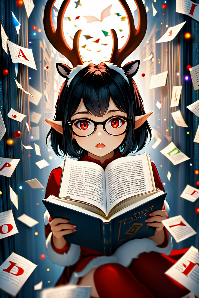  A girl with short black hair ,  red-eyed with reindeer antlers on her head and elf ears and glasses coming out between the pages of a book, there are letters floating around her. She is between the pages of a giant book. The girl is telling a story.