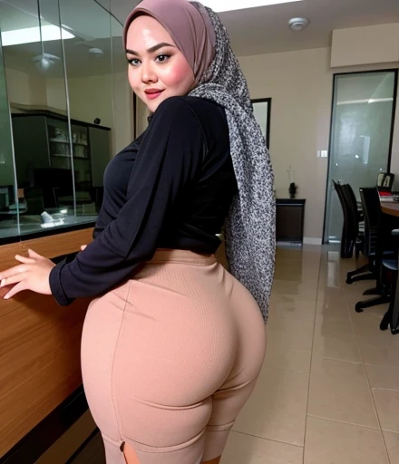 (double exposure), back view, (camera view slightly from above), (full body photo), A gorgeous matured teacher standing next to a table ((35 year old)), ((malay women)), curvy fit body shape, bigger ass, giga_busty, huge thighs, wearing ((provoking daring micro bikini)),((fishnet stockings)), ((hijab)), smirk, school classroom,  pov, solo, single, bare shoulder, skin texture, ultra high res, RAW, instagram LUT, masterpiece, best quality, ultra-detailed, ultra high resolution, RAW, 4k, (looking at viewer), extremely detailed eyes and face, (beautiful detailed nose), (beautiful detailed thigh), (beautiful detailed eyes), perfect body proportion, (looking at the camera), red lips, (bare belly's),(glasses)