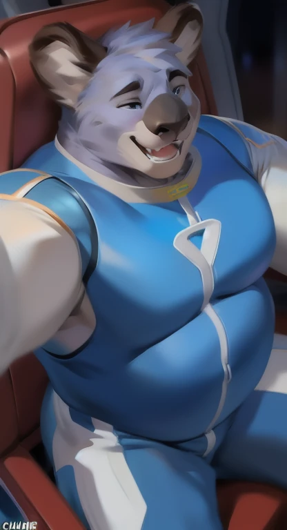 polar bone, with police cap, muscular, blue eyes, sexy naked, with big blue penis, blushing