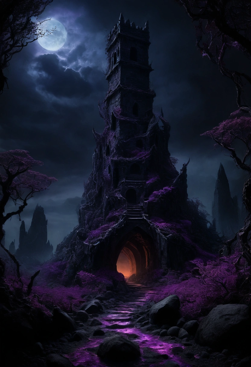 Giant tower, Surrounding the tower are jagged black rocks, purple vines growing on the ground. The atmosphere is haunting and otherworldly, with a focus on dramatic lighting, Dark Fantasy