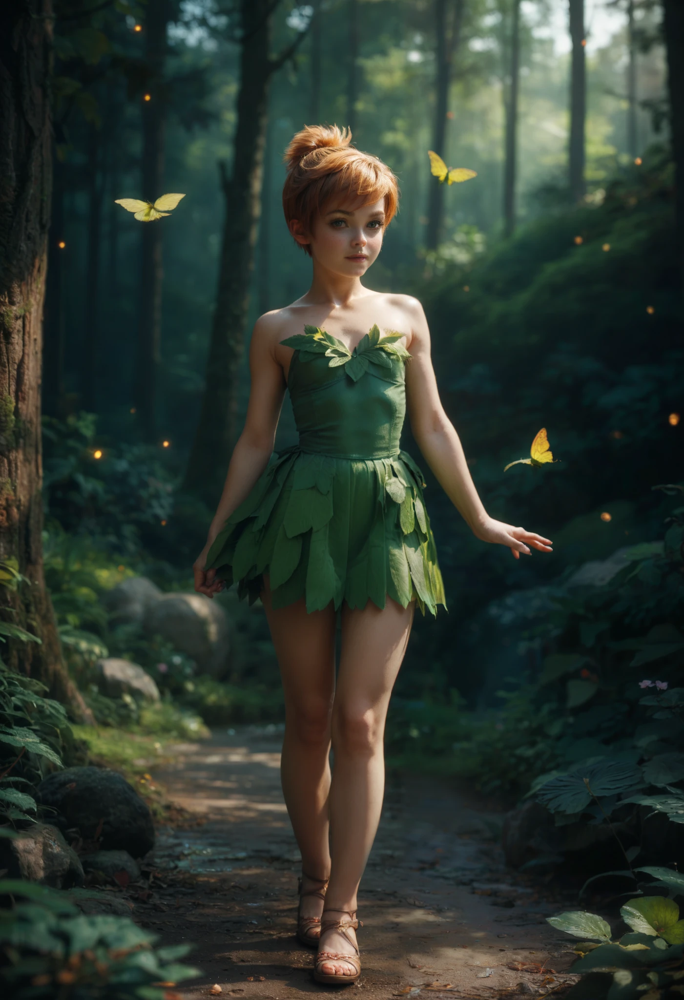 Young girl Peter Pan short hair, revealing short dress, full body shot, dark magical forest