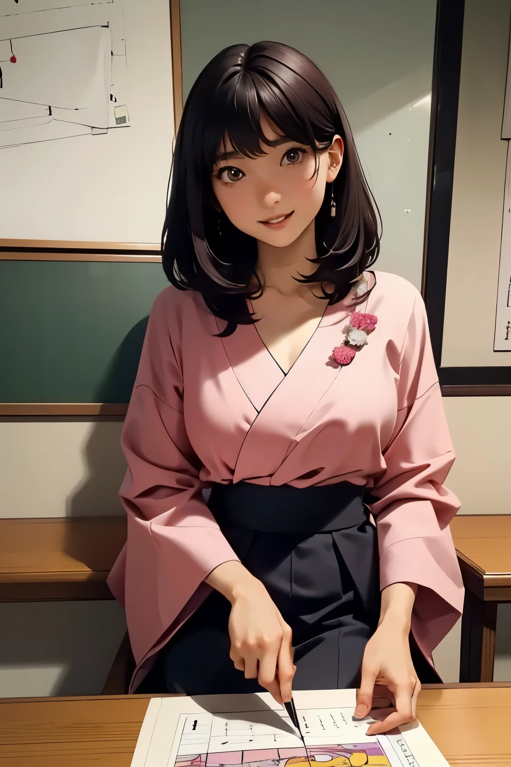 Beautiful Japanese girl . 150 centimeters tall . bob hairstyle . 28 years old . Size 2 breasts . She sits and draws manga at the table