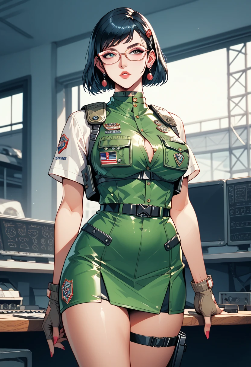  A pretty woman in secretarial clothes, wearing tactical vest , armada,  conceptual art, whole body,  herself wearing glasses, skirt, jump 