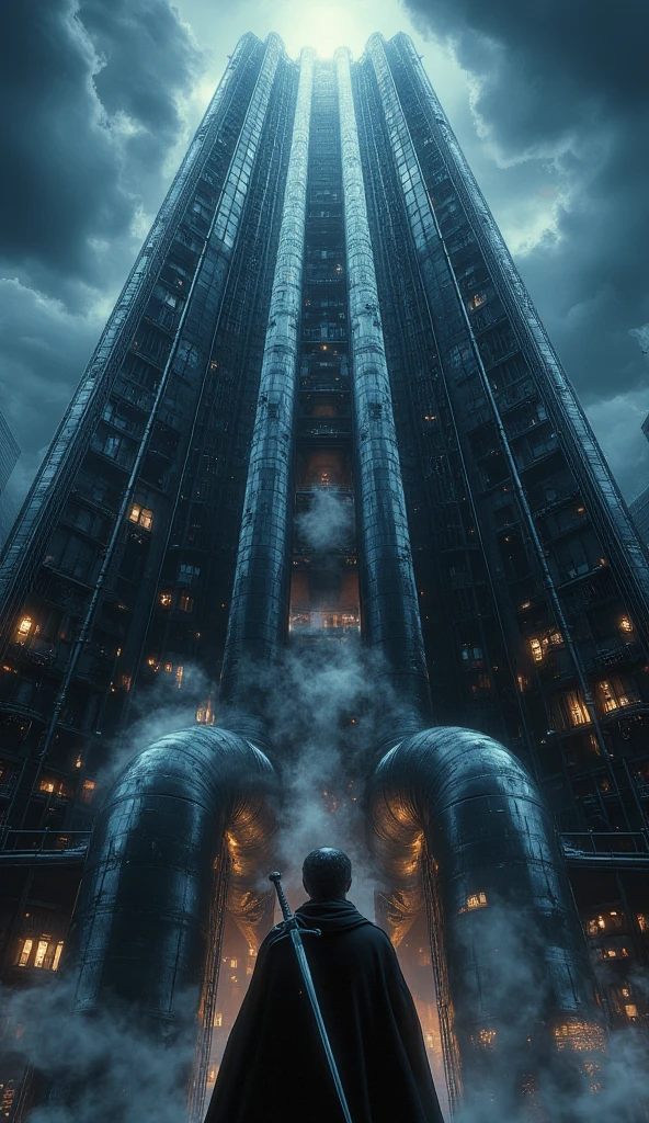 3D render of a man with a huge thick sword on his back, looking up at a tall black building at night. The man is very close to the camera. The building is emitting ominous spotlight from below, with huge pipes and structures letting out steam. The structure of the build is so massive that the ground structure of massive pipes extends to the area where the man is standing. The night sky is bright but full of clouds. The color is bright and sharp, with ample light to show the details of the man's sword and the building's facade.