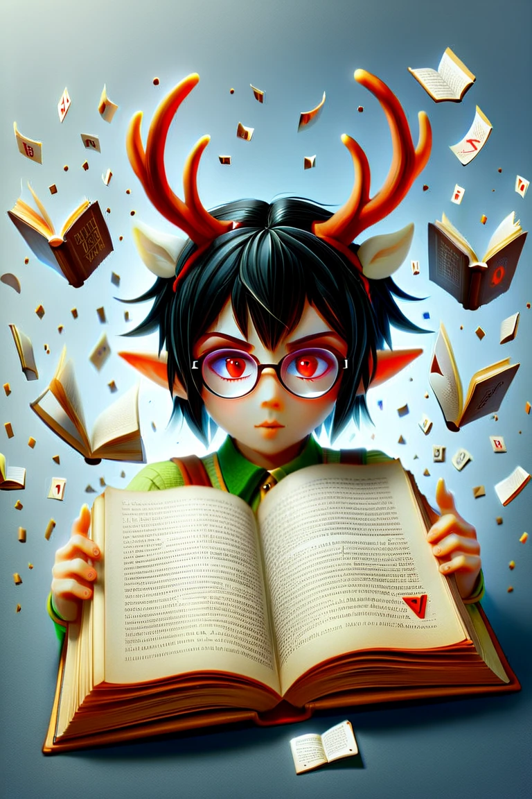  A girl with short black hair ,  red-eyed with reindeer antlers on her head and elf ears and glasses coming out between the pages of a book, there are letters floating around her. She is between the pages of a giant book. The girl is telling a story.