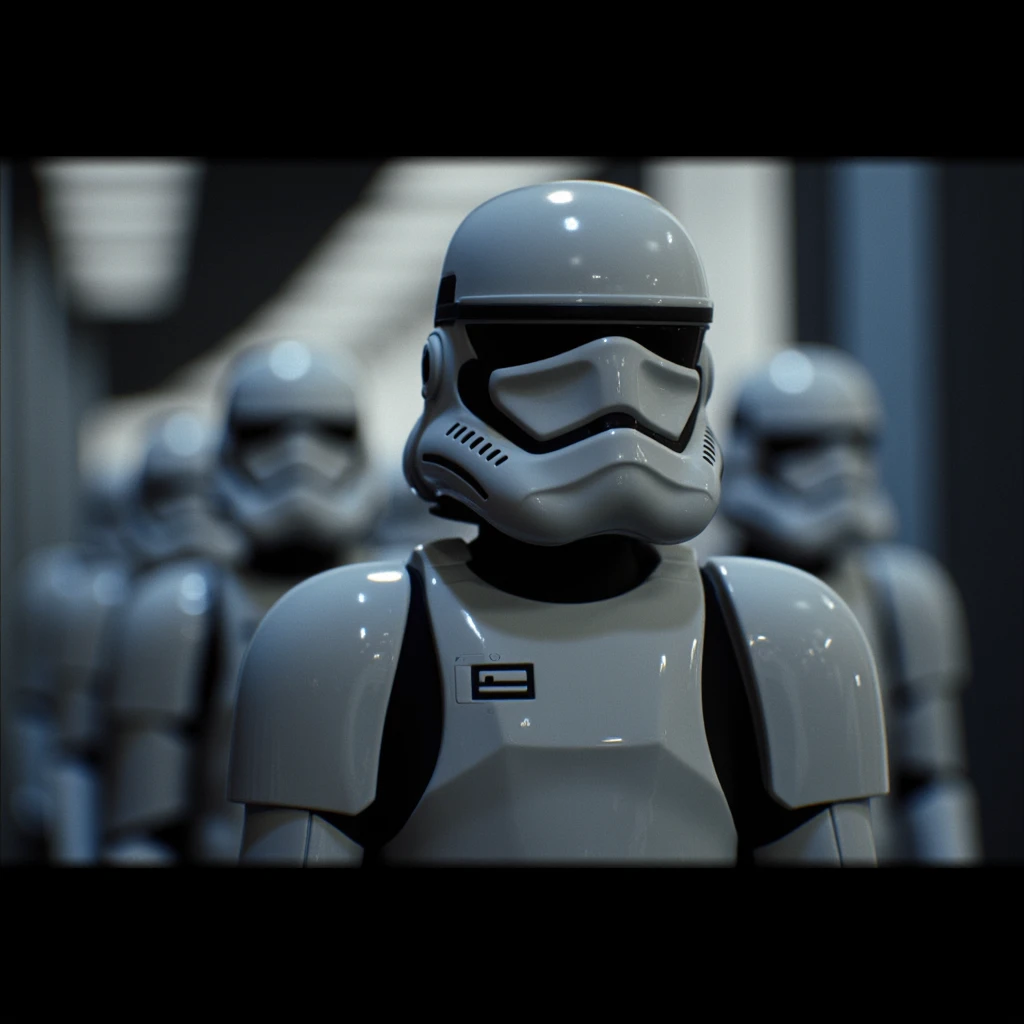 cinematic film still of  1:1
in star wars style  
In Star Wars Fictional universe Storm troopers a group of star wars storm troopers standing in a line, shallow depth of field, vignette, highly detailed, high budget, bokeh, cinemascope, moody, epic, gorgeous, film grain, grainy