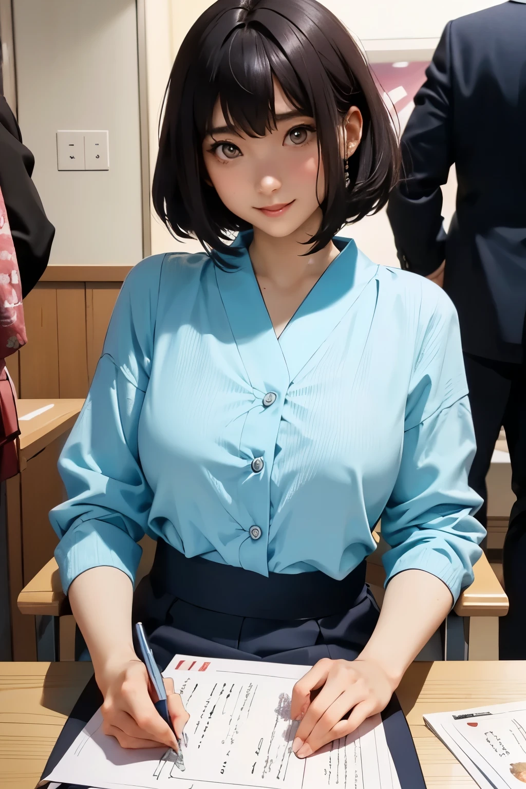 Beautiful Japanese girl . 150 centimeters tall . bob hairstyle . 28 years old . Size 2 breasts . She also sits at the table and signs autographs to fans at the anime festival . She is the author of the famous manga .