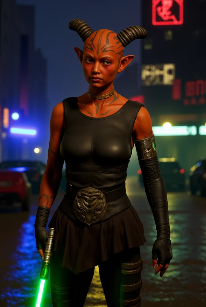  Dredrut is a reddish orange-skinned Zabrak ,  with short horns and tribal tattoos that glow softly . As the leader of his gang ,  Dred is gender-ambiguous ,  allowing for diverse interpretations .  He wears a combination of patched armor practical clothes ,  with a green light sabre with a handle adorned with plant patterns. His posture is confident and his expression, determined.  Dred is the typical Star Wars antihero ,  a strategist and survivor in a hostile universe .  The background is the dark streets of Nar Shaddaa ,  with neon lights reflecting off the ground .