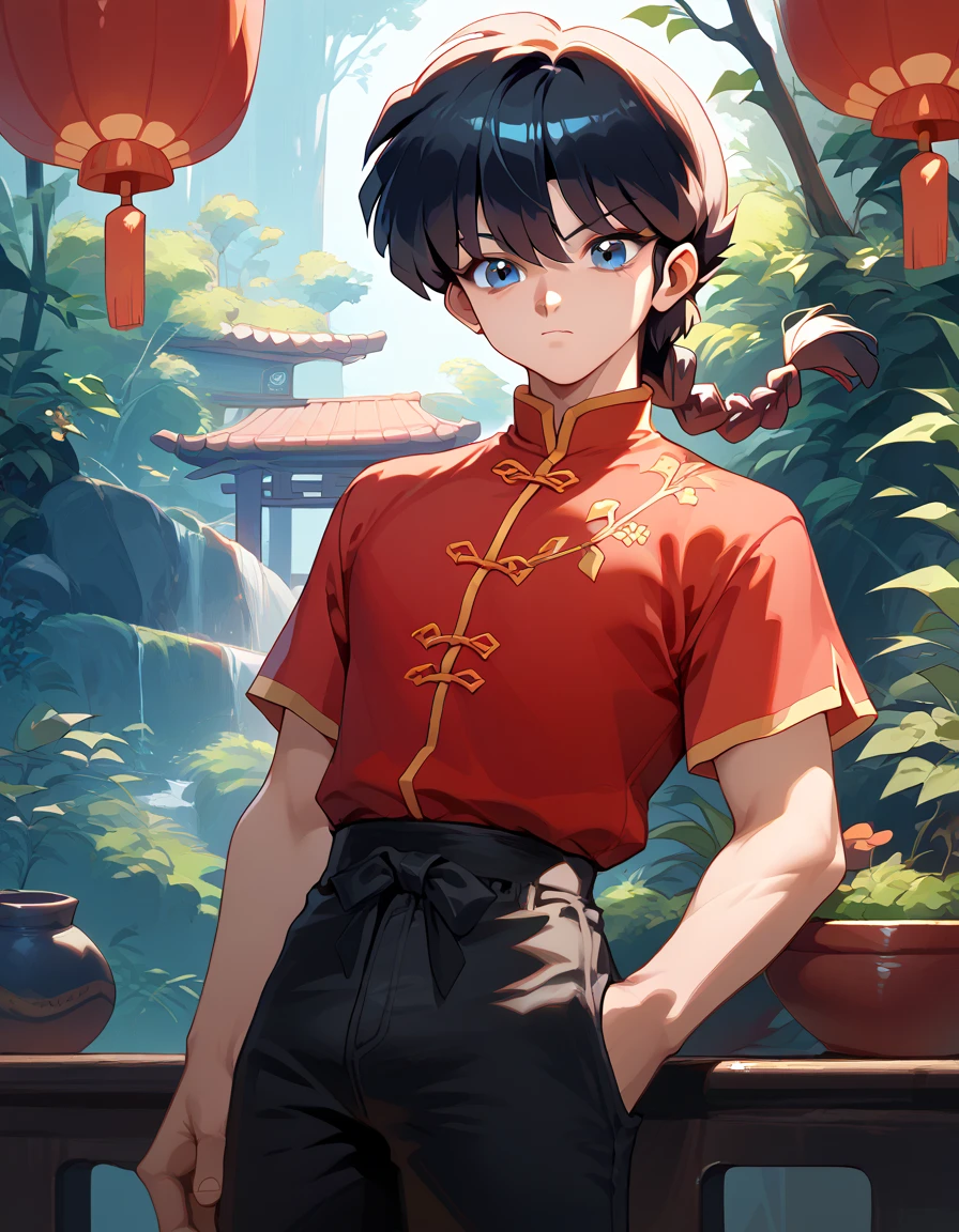 1 boy, male focus, (male:1.4), black hair, single braid, ranma, blue eyes, coloring, Chinese clothing, tangzhuang, red shirt, prominent veins, tied pants, black pants