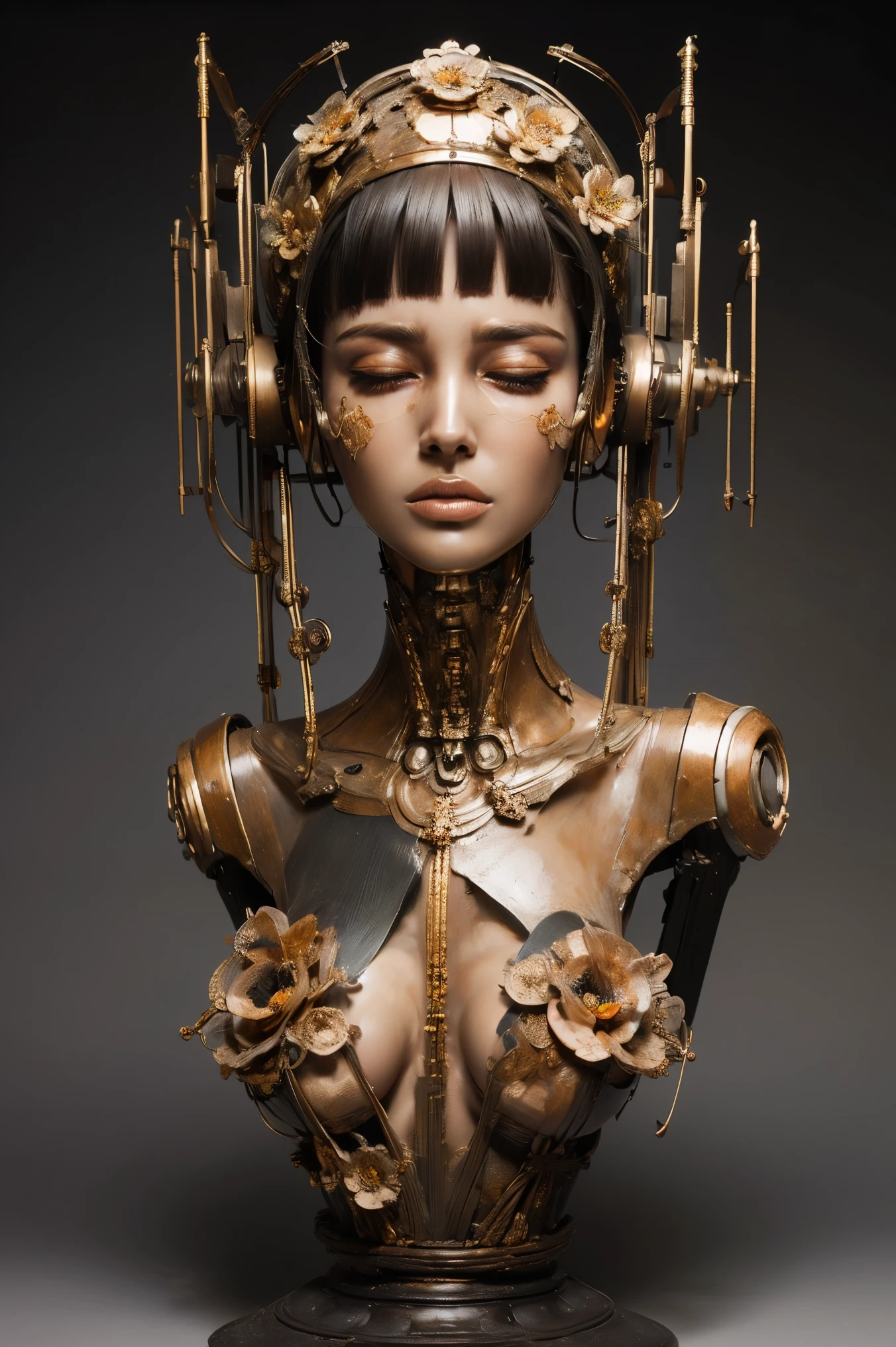 (masterpeace), ((super real photography: 1.5)), ((photo realistic: 1.3)), (real photo),
A Japanese young girl with a lot of flowers, ((A young girl robot: 1.5)), (bust statue),
BREAK
headgear, ((real metalic skin)), ((beautiful face: 1.5)), ((Super cute: 1.5)), ((kawaii: 1.5)), ((well-balanced face)), (close eyes: 1.3)), longeyelashes, stunning big eyes, luscious glossy lips, ((blunt bangs: 1.5)),
BREAK
(slender body: 1.3), petite bust, flower bloom, (flowers: 1.5),
BREAK
High-Mechanic body, octane rendering, Super Detailed machine, ((connected electric cables)),
BREAK
(simple background: 1.3), ((bust shot: 1.3)), cinema quality, professional photograph, (photo studio: 1.5), (Bright Light: 1.2), Eye-Level Shot, wide lens, (fujifilm 35mm), (film photo), RAW, Excessive Embellishment, UHD,
BREAK
anatomically correct, textured skin, best quality, 8k