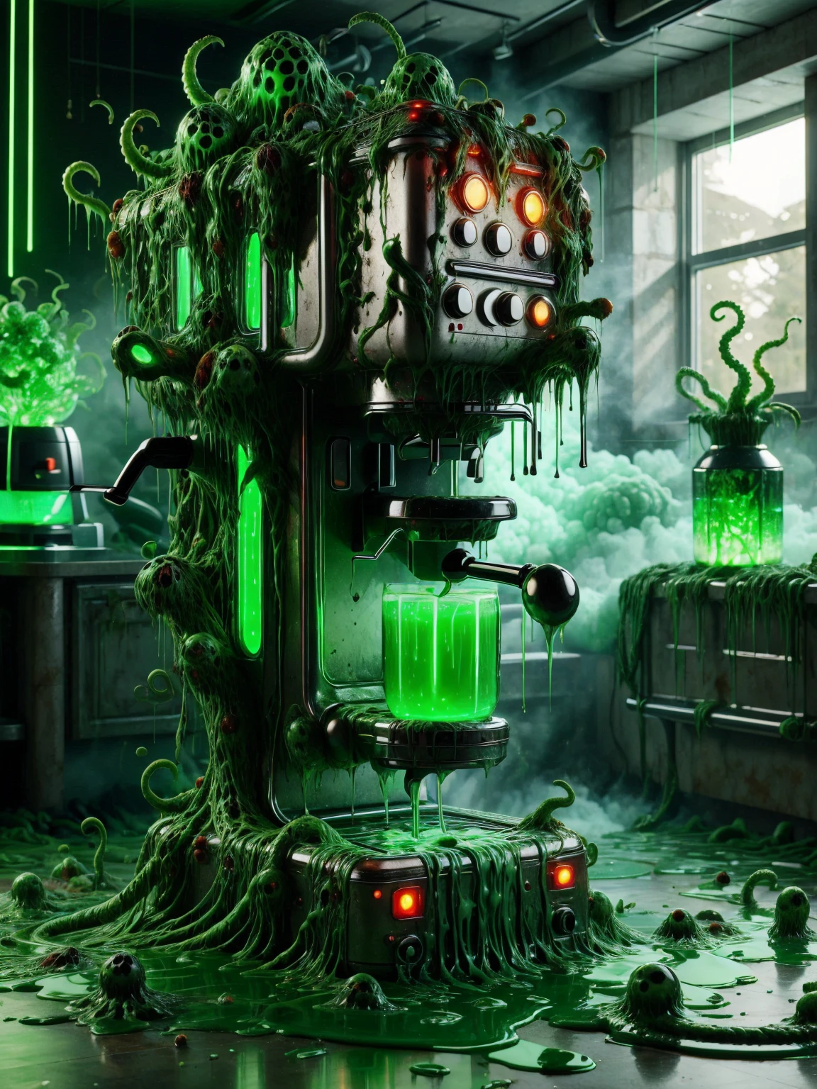 acidMutant coffee machine, green acid, venomous growths, orange organic masses, glowing