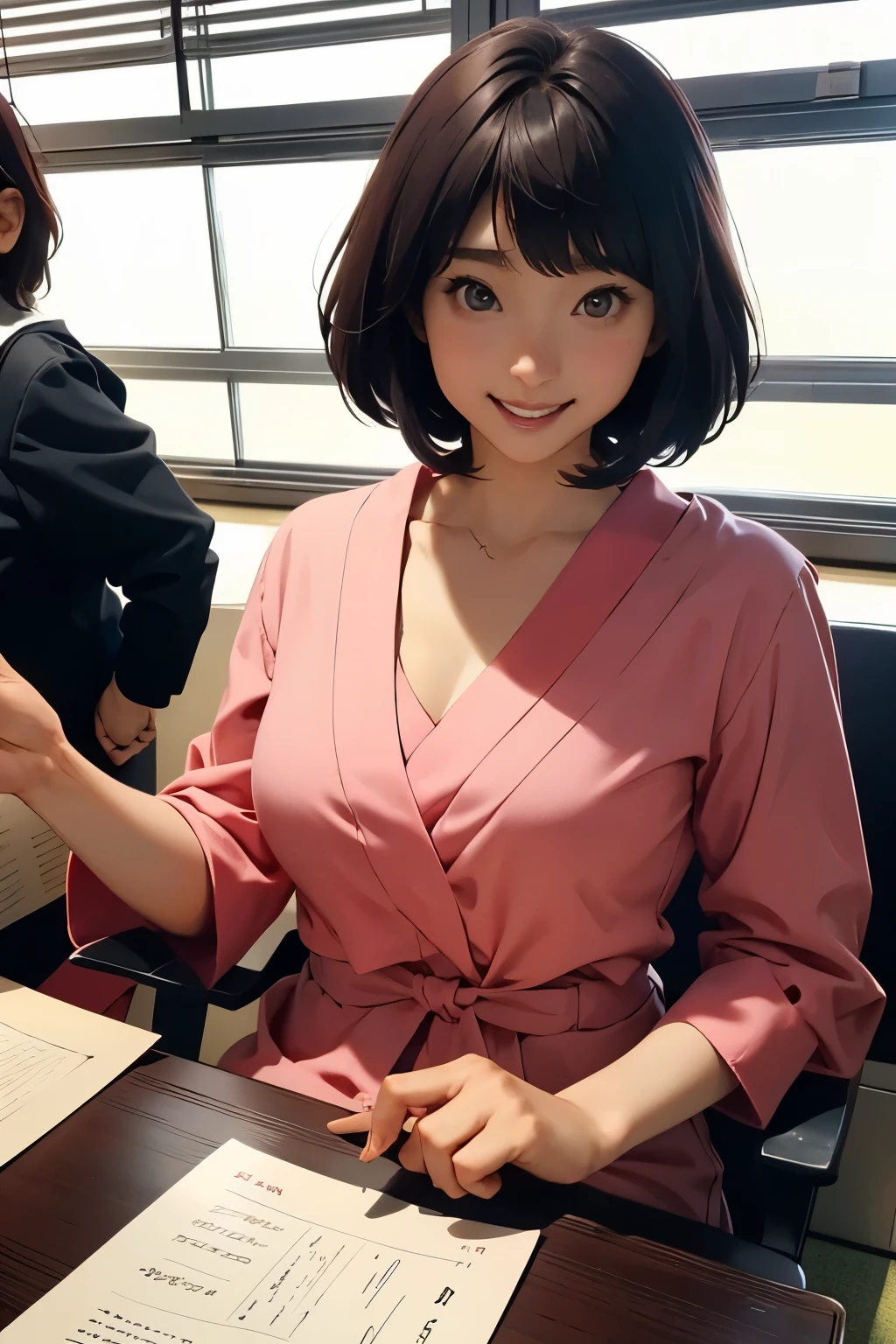 Beautiful Japanese girl . 150 centimeters tall . bob hairstyle . 28 years old . Size 2 breasts . She also sits at the table and signs autographs to fans at the anime festival . She is the author of the famous manga .
