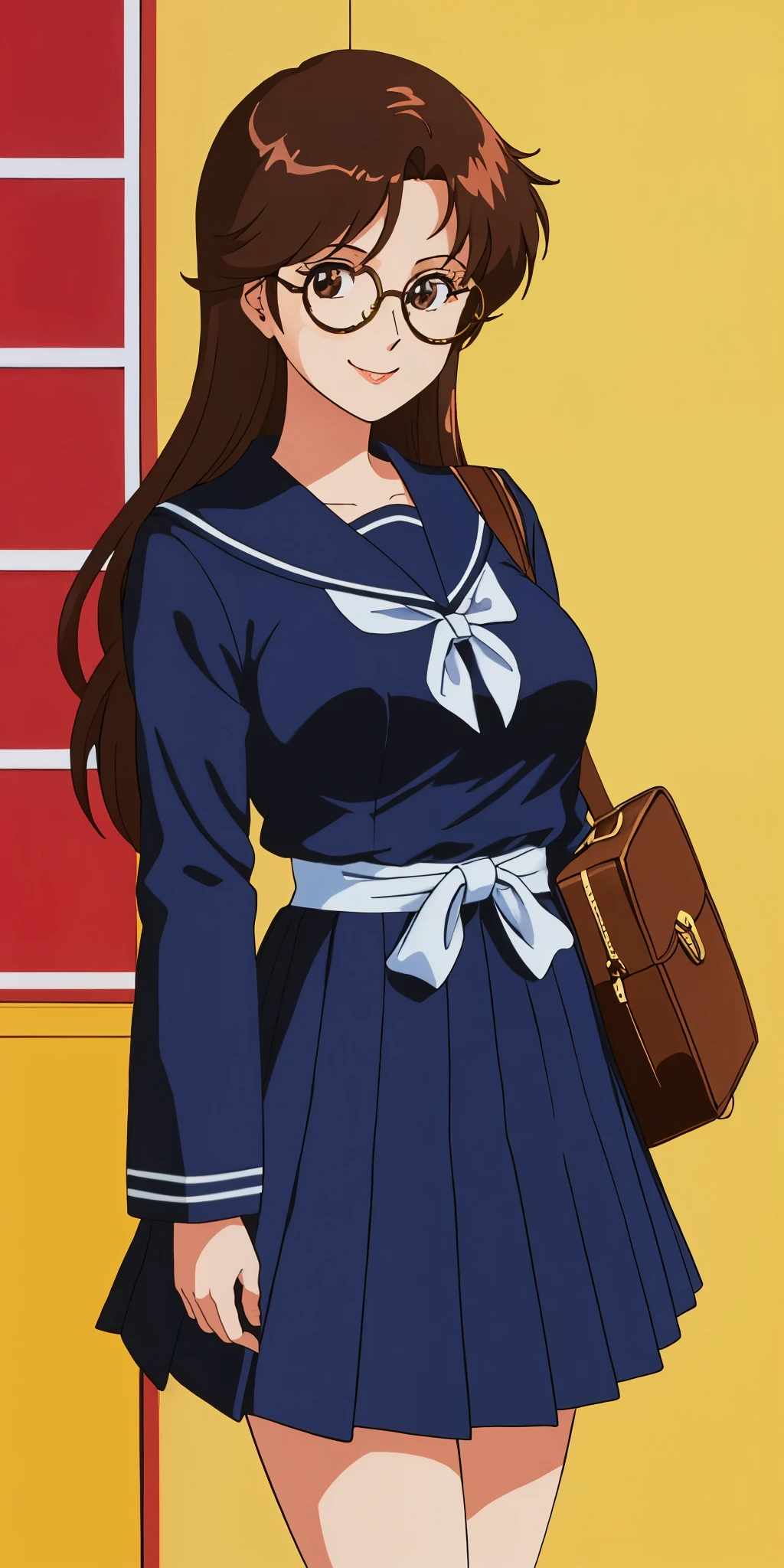 Young woman drawn in 80’s anime art style. 
Retro anime. Vintage Anime. Classical Anime. 
Black Dark Brown HAIR
Long Nihongami Hair
(Round Glasses)
(Round and Circle eyes)
(Light Brown eyes)
(Medium Sized Eyebrows)
(Freckles on Cheek)
(Light Tan Woman)
(Medium Breast)
Seductive Smile

She is wearing a sailor fuku (セーラー服, sērā fuku, sailor outfit) is a common japanese style of uniform worn by women, traditionally by high school female students. 

The uniform generally consists of a sailor-styled blouse attached with a (Navy blue sailor-style collar) and a Dark Navy Blue Sailor Blouse. The length of the long skirt goes down past her ankle.

A ribbon is tied in the front and laced through a loop attached to the sailor blouse. The color is the ribbon is red. (RED RIBBON)

(Dark Navy Blue Sailor Shirt)
(Dark Navy Pleated Skirt)

She is holding a brown briefcase. 

(Solo)
(Location: High School)
(Background: High School)