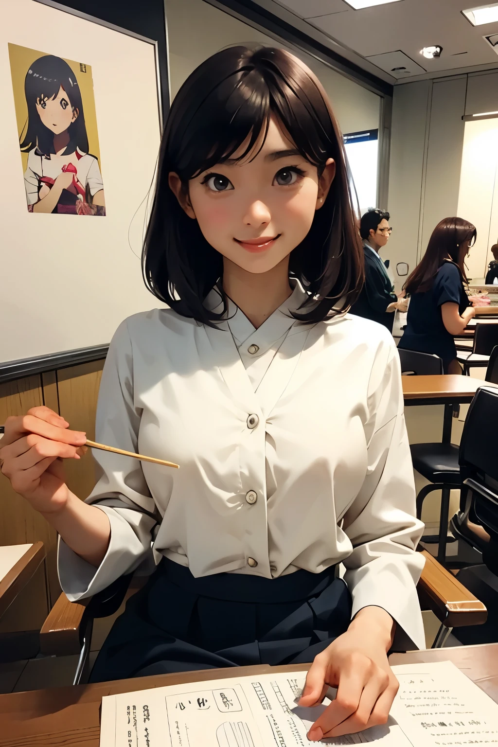 Beautiful Japanese girl . 150 centimeters tall . bob hairstyle . 28 years old . Size 2 breasts . She also sits at the table and signs autographs to fans at the anime festival . She is the author of the famous manga .