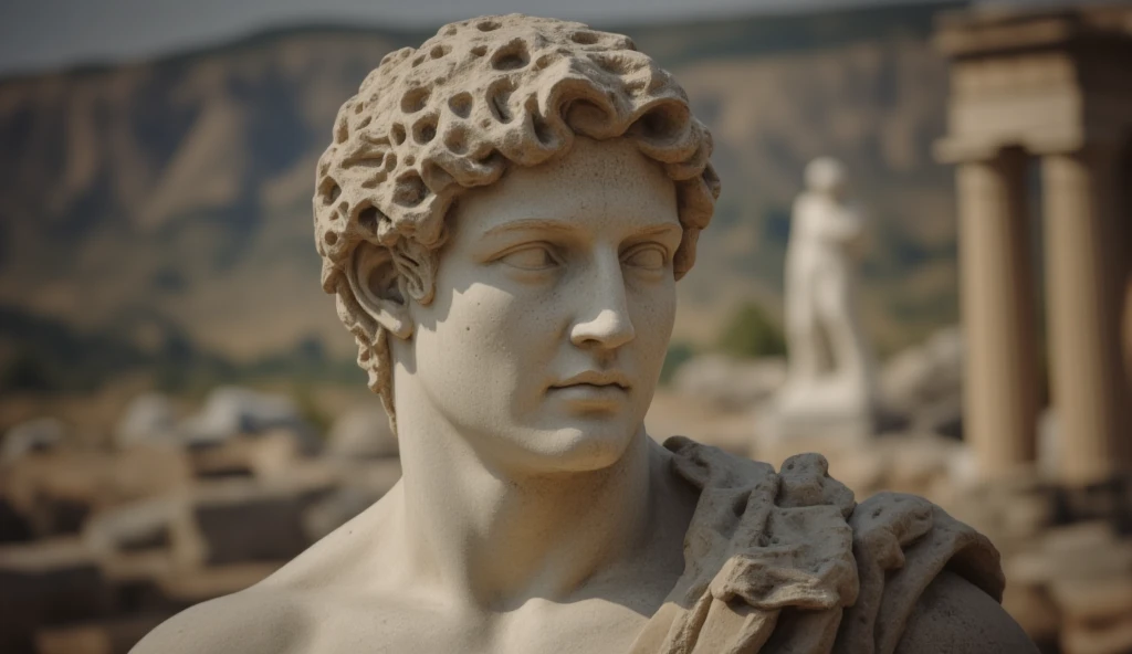 Closeup of a stoic Greek sculpture, virile physiques showcased prominently from the forefront, undeniably reminiscent of a statue of Marcus Aurelius or Zeus, muscle sinews intricately carved in stone, dominant Greek columns obscured gently in the background, cinematic ambiance, 8K resolution, steeped in obsidian hues.