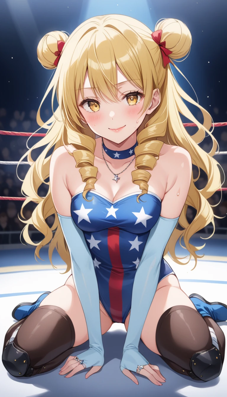 score_9, score_8_up, score_7_up, source_anime,
sakitenjouin, saki tenjouin,best quality, masterpiece,female wrestler, 1 girl, solo, long hair, blonde hair, hair bun, double bun, drill hair, yellow eyes ,rouge lips,lip liner, glossy lips, cowboy shot, ,ring costume, Stars and Stripes costume ,onepiece strapless swimwear costume ,necklace ,choker,Knee pads ,Elbow gloves, long boots , in school night, from front ,full body ,smile ,sitting wariza , sweat ,closed eyes ,closed mouth