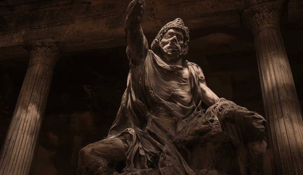 Closeup of a stoic Greek sculpture, virile physiques showcased prominently from the forefront, undeniably reminiscent of a statue of Marcus Aurelius or Zeus, muscle sinews intricately carved in stone, dominant Greek columns obscured gently in the background, cinematic ambiance, 8K resolution, steeped in obsidian hues.