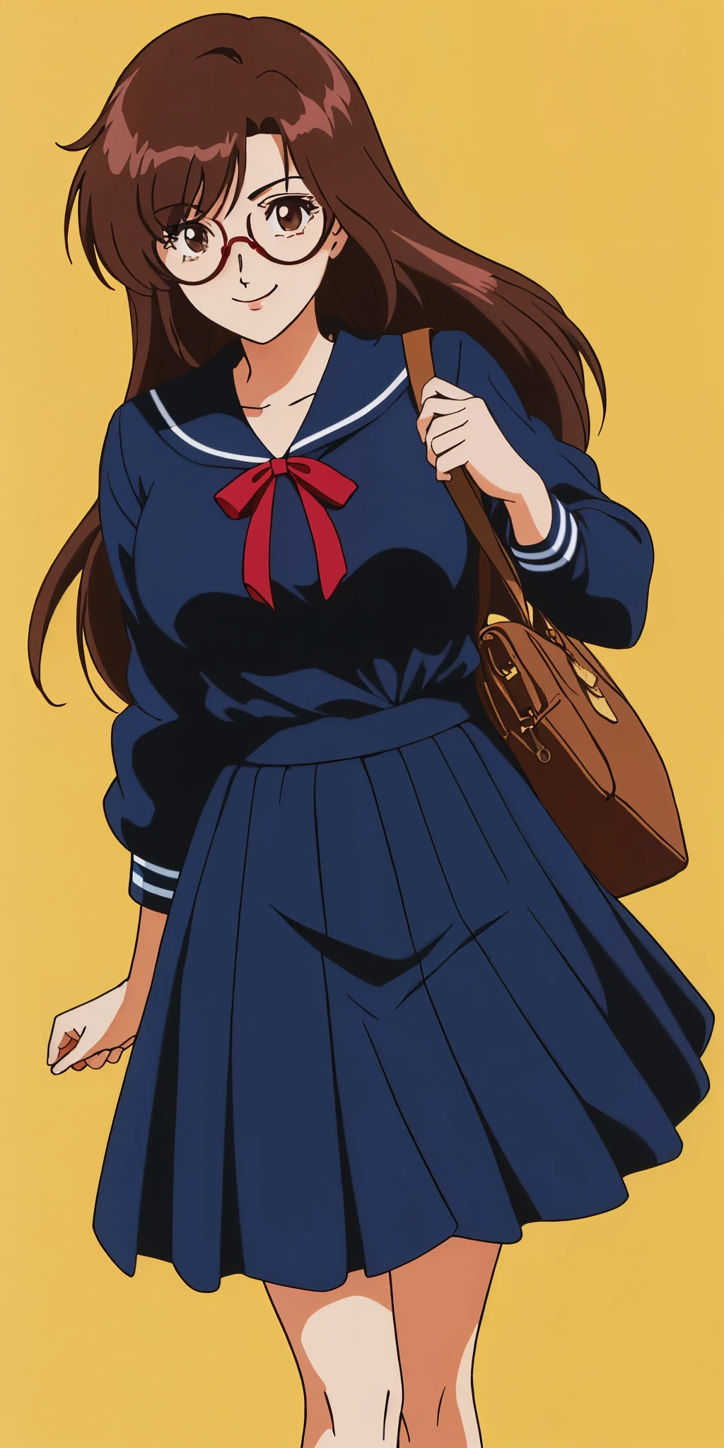 Young woman drawn in 80’s anime art style. 
Retro anime. Vintage Anime. Classical Anime. 
Black Dark Brown HAIR
Long Nihongami Hair
(Round Glasses)
(Round and Circle eyes)
(Light Brown eyes)
(Medium Sized Eyebrows)
(Freckles on Cheek)
(Light Tan Woman)
(Medium Breast)
Seductive Smile

She is wearing a sailor fuku (セーラー服, sērā fuku, sailor outfit) is a common japanese style of uniform worn by women, traditionally by high school female students. 

The uniform generally consists of a sailor-styled blouse attached with a (Navy blue sailor-style collar) and a Dark Navy Blue Sailor Blouse. The length of the long skirt goes down past her ankle.

A ribbon is tied in the front and laced through a loop attached to the sailor blouse. The color is the ribbon is red. (RED RIBBON)

(Dark Navy Blue Sailor Shirt)
(Dark Navy Pleated Skirt)

She is holding a brown briefcase.
She is visiting a High School.

(Solo)
