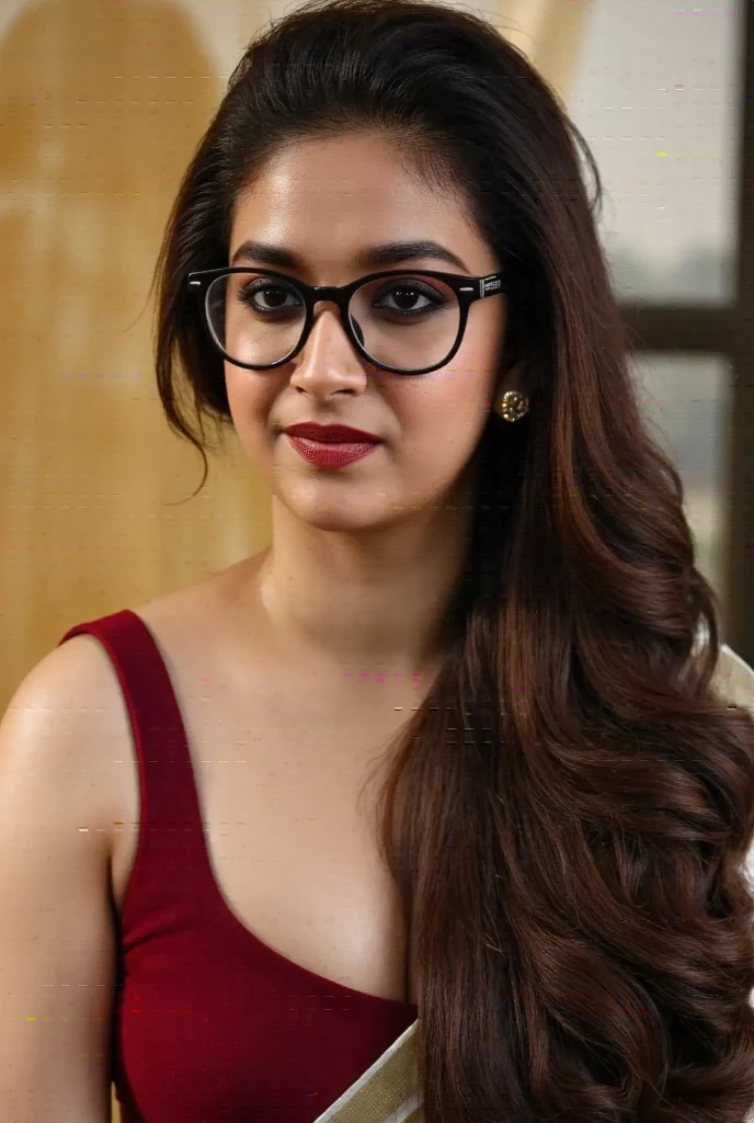 Captured from top, a busty Indian woman with long flowing hair leaning forward and looking at viewer,wearing Bandeau Crop top  , wearing glasses, open mouth as erotic climax expression,deep cleavage, thick thighs, dark fantasy, hyper detailed, cinematic lighting, dramatic shadows, rich colors, moody atmosphere, award winning digital art, masterpiece, 8k, high resolution,