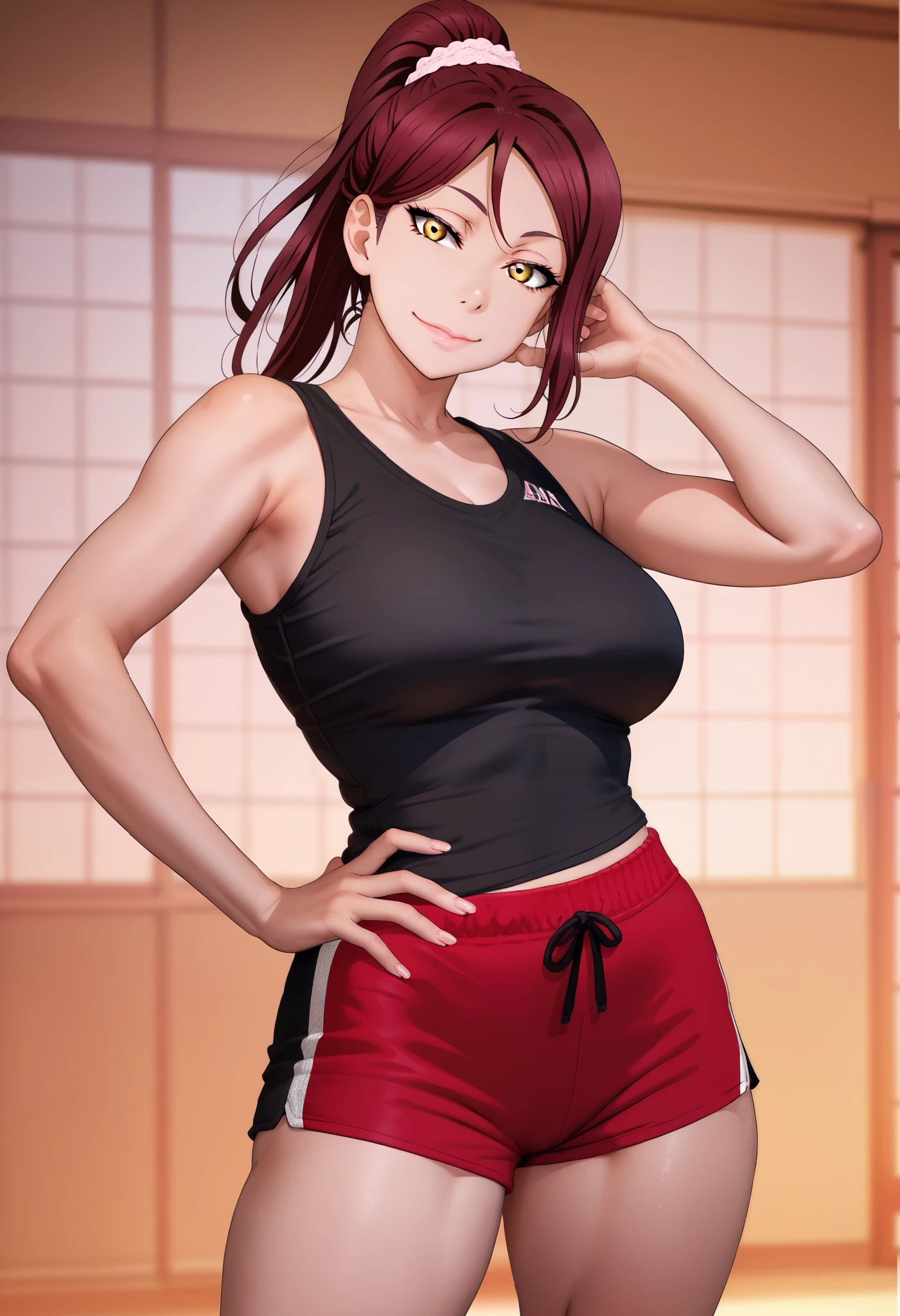 masterpiece, best quality,realistic anime art, solo, wearing sports clothes,large breasts ,dark red hair ,thighs,yellow eyes , sakurauchi riko love live , standing , looking at viewer,(lipstick:0.7),closed mouth, ponytail,half closed eyes , smile,layerd shorts,layerd tank top, right hand on hip, left hand up behind head,RUKIA Style