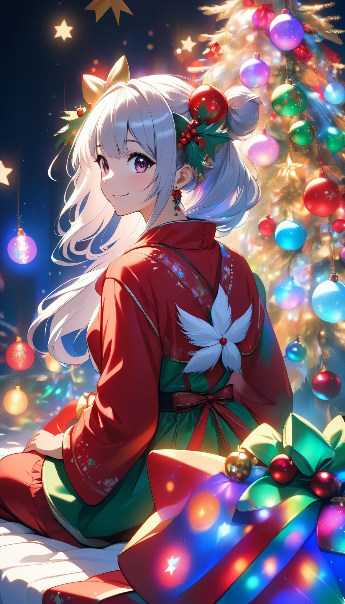 Christmas portrait drawn with perfect multicolored light sources, ((A woman wearing a christmas theme is sitting with her back turned, Alone, \ATLAS\ Japanese, Age 27), Looking back and smiling, dramatic, colorful Xmas decoration, random shot, Bewitching back view, cinematic