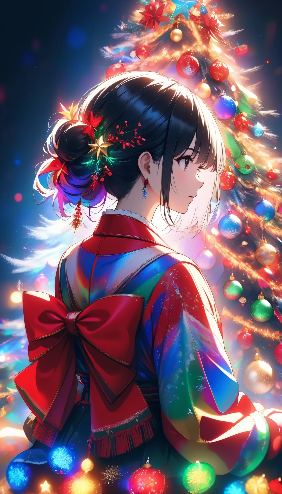 Christmas portrait drawn with perfect multicolored light sources, ((A woman wearing a christmas theme is sitting with her back turned, Alone, \ATLAS\ Japanese, Age 27), dramatic, cinematic, colorful Xmas decoration, random shot, Bewitching back view, 