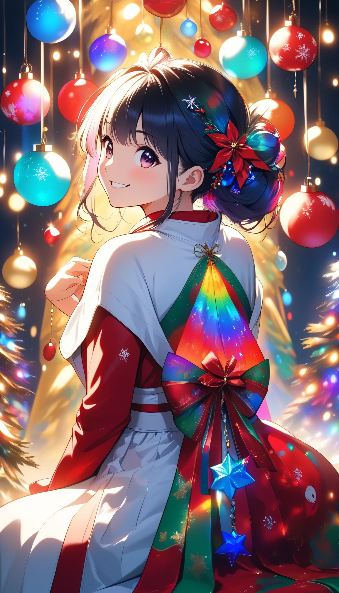 Christmas portrait drawn with perfect multicolored light sources, ((A woman wearing a christmas theme is sitting with her back turned, Alone, \ATLAS\ Japanese, Age 27), Looking back and smiling, dramatic, colorful Xmas decoration, random shot, Bewitching back view, cinematic