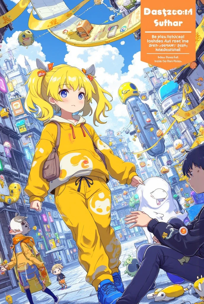 digital flyer, anime style poster art, magazine top page, vector art background, 1girl, yellow hair, walking in steam punk city, smoky building there, sunny , magical city, misty, ancient structur object around,  ultra detailed animation, kawaii anime style, hoodie, bagy, bags under eyes,