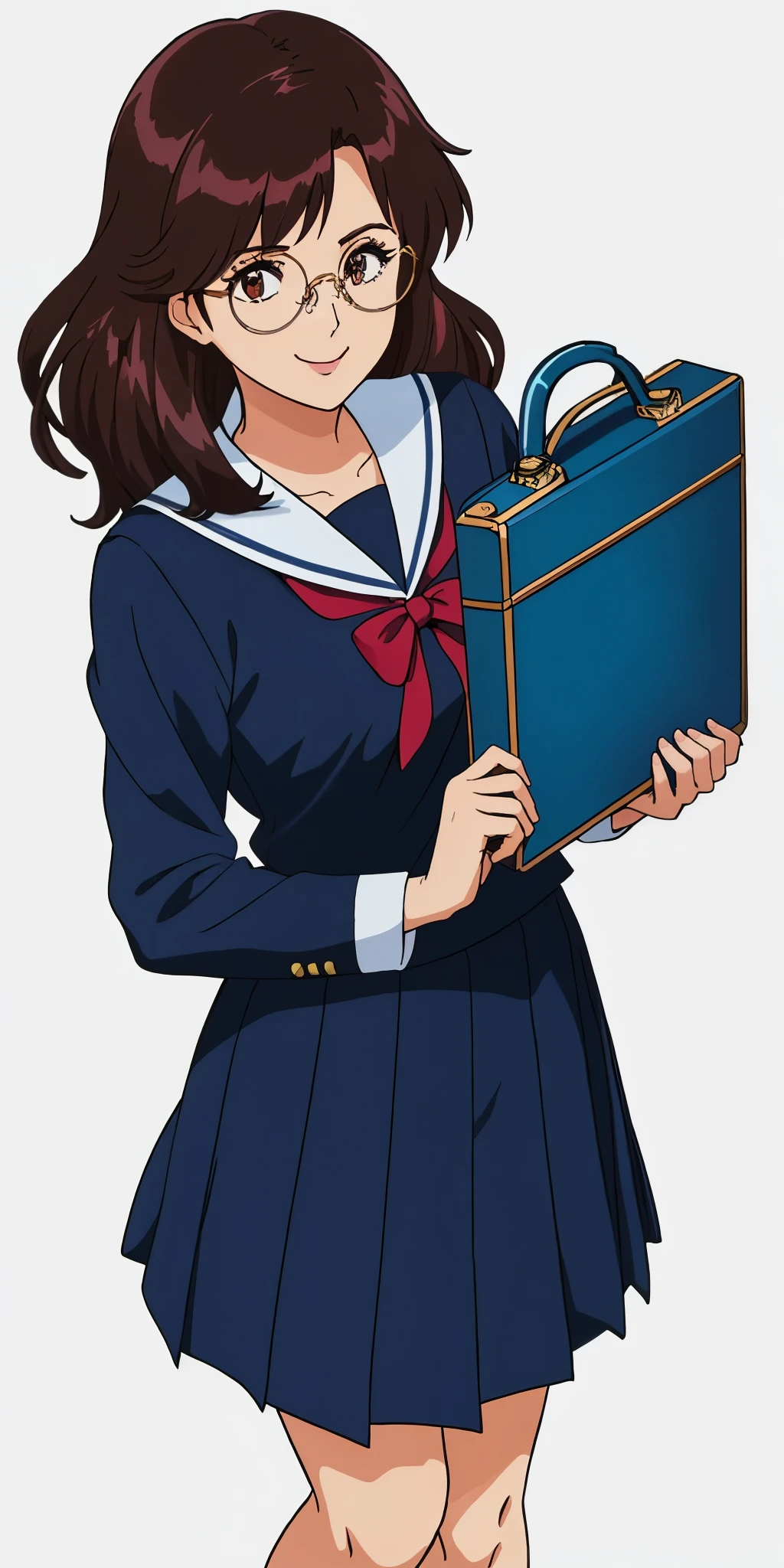 Young woman drawn in 80’s anime art style. 
Retro anime. Vintage Anime. Classical Anime. 
Black Dark Brown HAIR
Long Nihongami Hair
(Round Glasses)
(Round and Circle eyes)
(Light Brown eyes)
(Medium Sized Eyebrows)
(Freckles on Cheek)
(Light Tan Woman)
(Medium Breast)
Seductive Smile

She is wearing a sailor fuku (セーラー服, sērā fuku, sailor outfit) is a common japanese style of uniform worn by women, traditionally by high school female students. 

The uniform generally consists of a sailor-styled blouse attached with a (Navy blue sailor-style collar) and a Dark Navy Blue Sailor Blouse. The length of the long skirt goes down past her ankle.

A ribbon is tied in the front and laced through a loop attached to the sailor blouse. The color is the ribbon is red. (RED RIBBON)

(Dark Navy Blue Sailor Shirt)
(Dark Navy Pleated Skirt)

She is holding a brown briefcase.
She is visiting a High School.

(Solo)
