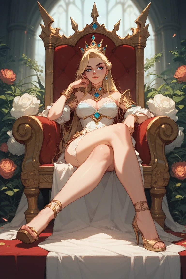 Blonde queen with a good body sitting on her throne