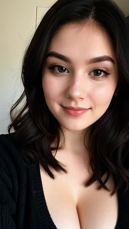  Instagram photo , close up face photo of 23 year old.in a black sweater,  cleavage, pale skin, (to smile:0.4), hard shadows