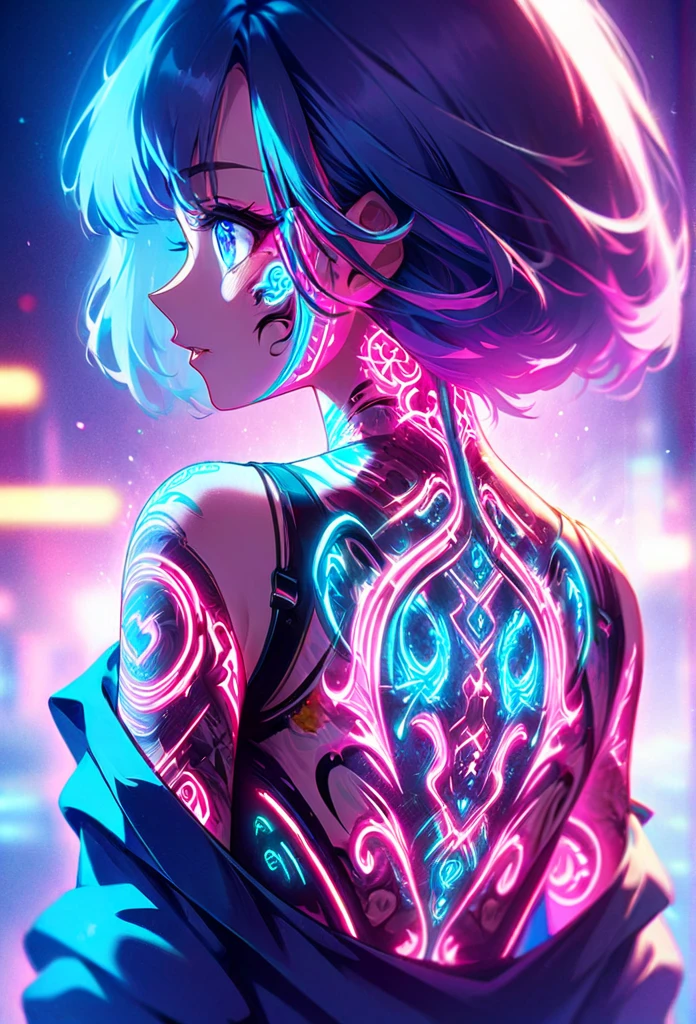  Cyberpunk、 Anime art illustration of a cool girl ,  looks at the ,  glowing neon dragon tattoos on her body and face、 neon glow 、 The scene has a dreamy .,  the back of the brush ,  character emphasizing the brightness of the tattoo .Взирает、 soft focus effect decorated with thick 、