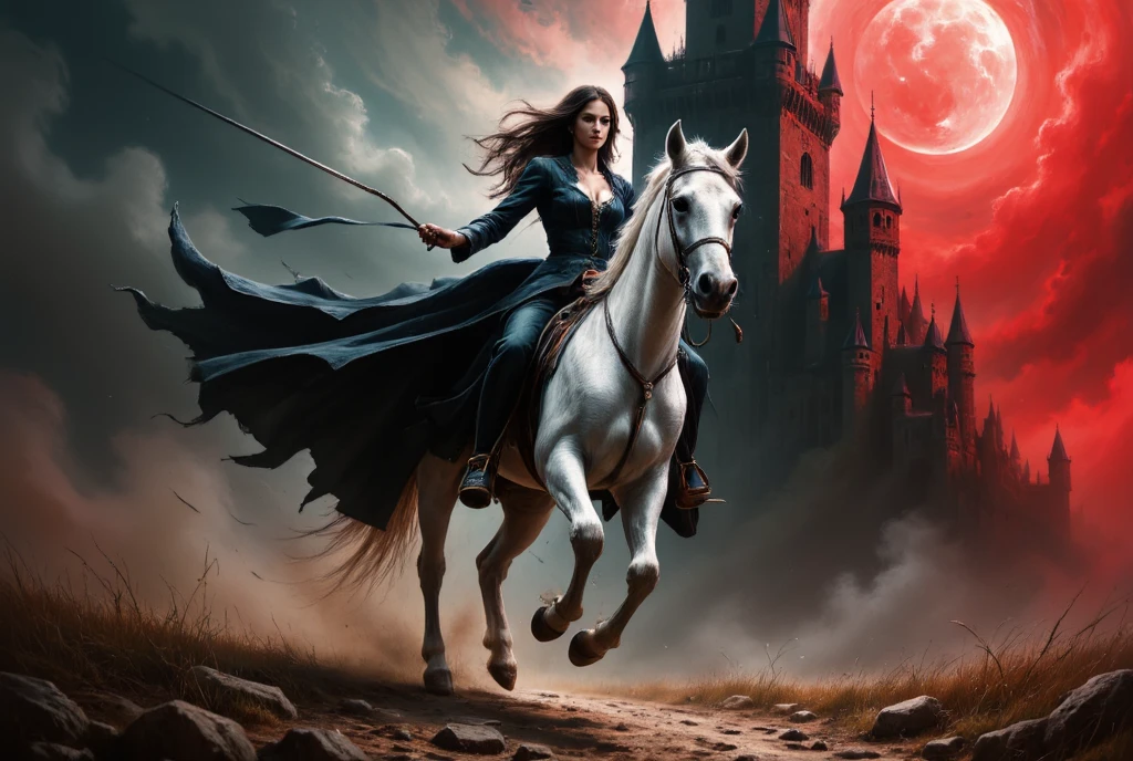 masterpiece, anatomically correct,style,only use two-color abstract painting in ( dark black) and ( dark red ),The tower watches over the princess , the princess breaking out of the creepy castle,1 Female,( impatient expression,The , forward slack , Victorian luxury dress ),I'm riding a white horse , horse holding the reins powerfully is running in the direction of the camera,The princess ,Impressive figure ,from below,Shadowy tower on the background:0.5,