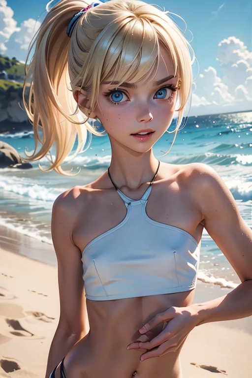 light blonde girl, ponytail hair, blunt bangs, big detailed light blue eyes,hungry expression, very young,very skinny,sunkissed skin,very small breasts,thin midriff,slim waist,nice hips, small petite body,very thin complexion,very young,anorexic midriff with clearly visible abs, masterpiece,best quality, surfing beach background, ,topless, bottomless, nude, shameless naked, 